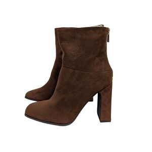 JustFab Inesa Block Heeled Bootie Faux Suede Retro Minimalist Brown 7.5‎ NWB